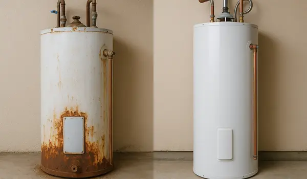 a rusted water heater next to a brand new water heater from Emergency Plumber Grand Prairie in Grand Prairie, TX - Burst Pipe Repair a rusted water heater next to a brand new water heater from Emergency Plumber Grand Prairie in Grand Prairie, TX - Burst Pipe Repair