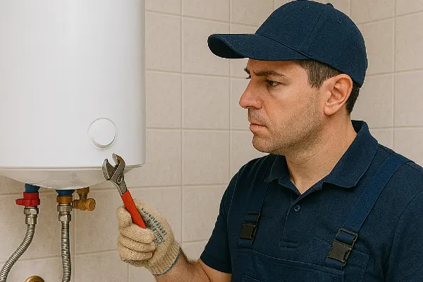 a male plumber working on a water heater mounted on the wall from Emergency Plumber Grand Prairie in Grand Prairie, TX - Burst Pipe Repair a male plumber working on a water heater mounted on the wall from Emergency Plumber Grand Prairie in Grand Prairie, TX - Burst Pipe Repair
