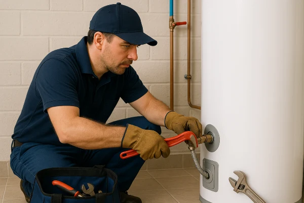 a male plumber working on a water heater connection from Emergency Plumber Grand Prairie in Grand Prairie, TX - Burst Pipe Repair a male plumber working on a water heater connection from Emergency Plumber Grand Prairie in Grand Prairie, TX - Burst Pipe Repair