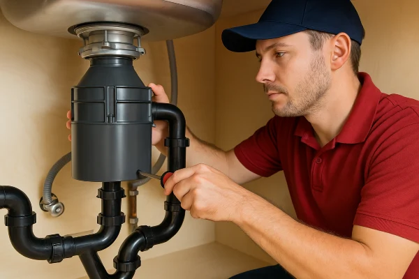 a male plumber using a screwdriver to fix a garbage disposal from Emergency Plumber Grand Prairie in Grand Prairie, TX - Burst Pipe Repair a male plumber using a screwdriver to fix a garbage disposal from Emergency Plumber Grand Prairie in Grand Prairie, TX - Burst Pipe Repair