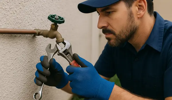 a male plumber fixing an outdoor faucet from Emergency Plumber Grand Prairie in Grand Prairie, TX - Plumbing Pipe Redesign a male plumber fixing an outdoor faucet from Emergency Plumber Grand Prairie in Grand Prairie, TX - Plumbing Pipe Redesign