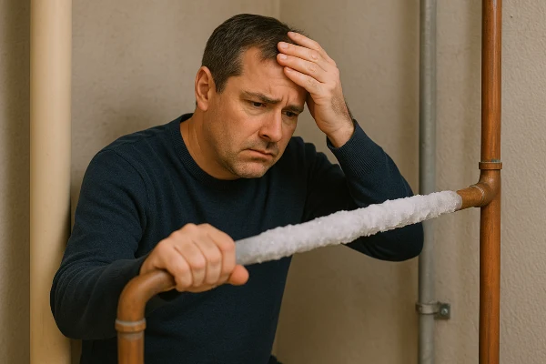 a worried plumber looking at a frozen pipe from Emergency Plumber Grand Prairie in Grand Prairie, TX - Plumbing Pipe Redesign a worried plumber looking at a frozen pipe from Emergency Plumber Grand Prairie in Grand Prairie, TX - Plumbing Pipe Redesign