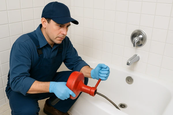 a plumber running a snake to clear a bathtub drain from Emergency Plumber Grand Prairie in Grand Prairie, TX - Plumbing Pipe Redesign a plumber running a snake to clear a bathtub drain from Emergency Plumber Grand Prairie in Grand Prairie, TX - Plumbing Pipe Redesign