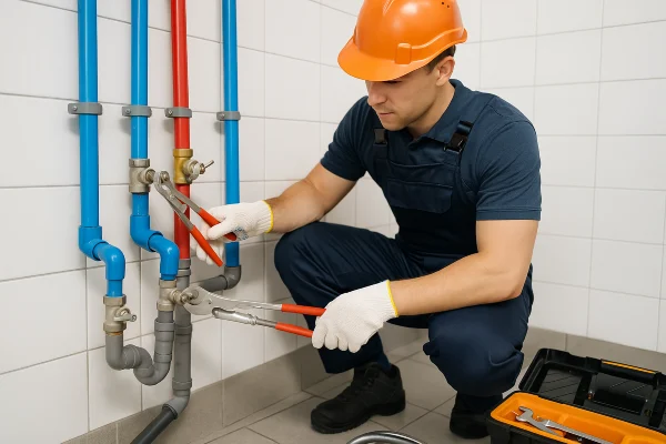 a plumber working on commercial pipe connections from Emergency Plumber Grand Prairie in Grand Prairie, TX - Plumbing Pipe Redesign a plumber working on commercial pipe connections from Emergency Plumber Grand Prairie in Grand Prairie, TX - Plumbing Pipe Redesign