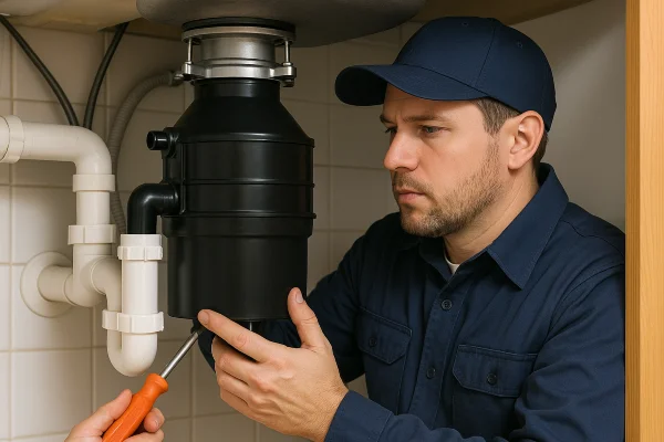 a technician working on a garbage disposal from Emergency Plumber Grand Prairie in Grand Prairie, TX - Slab Leak Detection